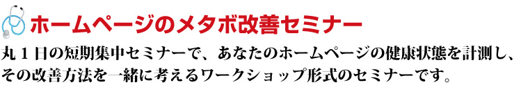 ホームページのメタボ改善セミナー。丸1日の短期集中セミナーで、あなたのホームページの健康状態を計測し、
その改善方法を一緒に考えるワークショップ形式のセミナーです。
